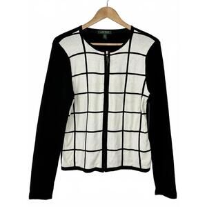 Lauren Ralph Lauren Black and White Grid Pattern Zip-Up Cardigan Sweater